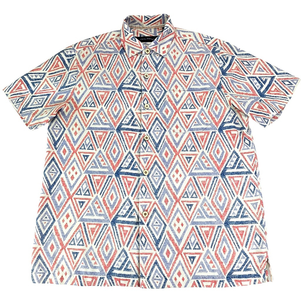 Tommy Bahama Island Zone Silk Shirt Mens Small Blue Red Geometric Short Sleeve